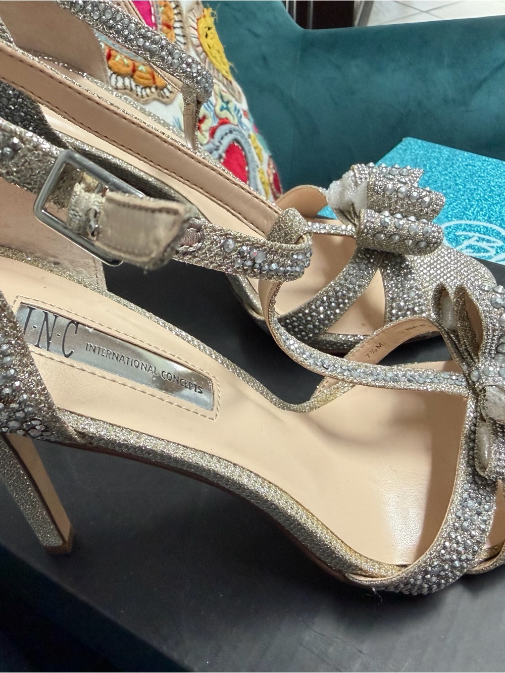 INC International Concepts Silver Crystal Bow Strappy Heels